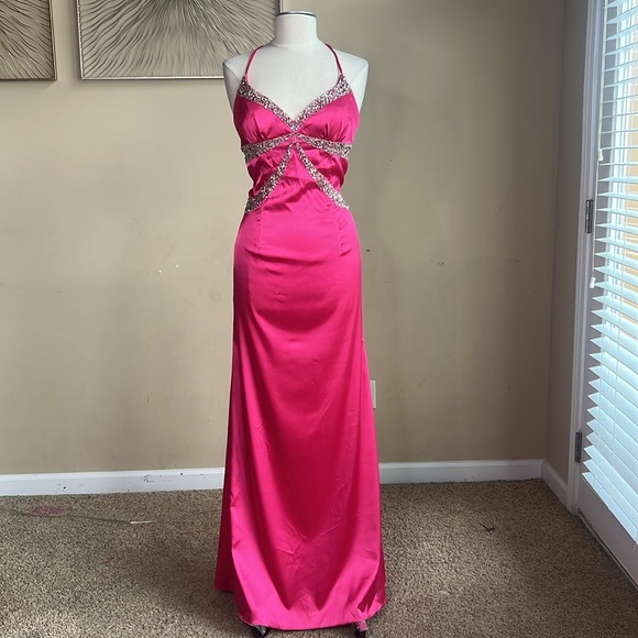 Cache Hot Pink and Silver Beaded Sequin Sexy Low Back Prom Evening Gown - Picture 10 of 15